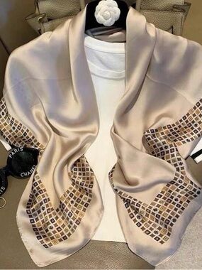 Macy's Beige Silk Scarf with Geometric Accent